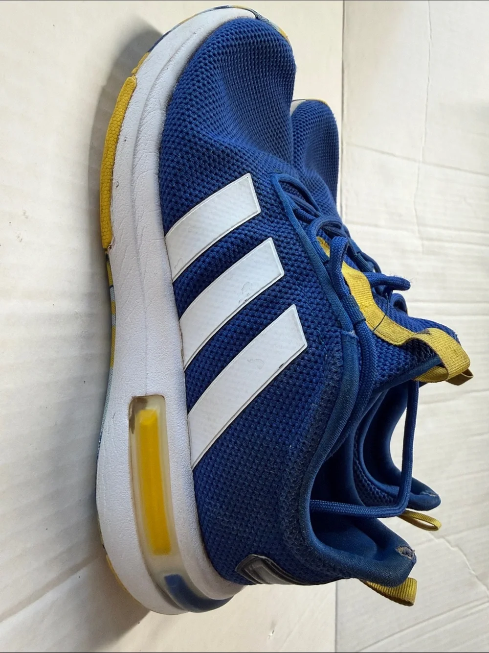 adidas Kids Blue Mesh Sneakers with White Stripes and Yellow Accents